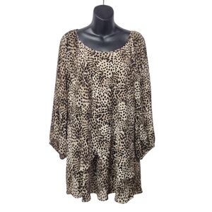 Blousology Womens Leopard Print Top Balloon Sleeves Flowy Layered Blouse Plus 1X